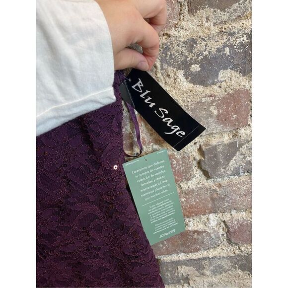 BLU SAGE Eggplant Purple Sequin Lace Layered Formal Cocktail Dress Shirt Sleeve - Picture 4 of 13
